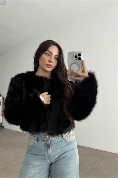 Premium Yakasız Siyah Kürk 