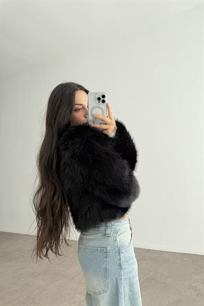 Premium Yakasız Siyah Kürk 