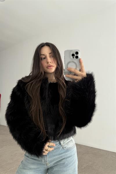 Premium Yakasız Siyah Kürk 