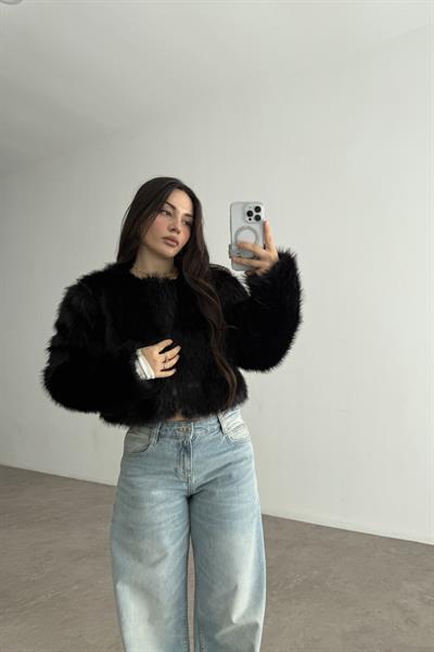 Premium Yakasız Siyah Kürk 