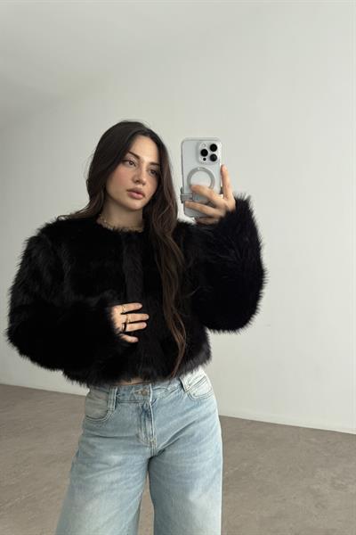 Premium Yakasız Siyah Kürk 