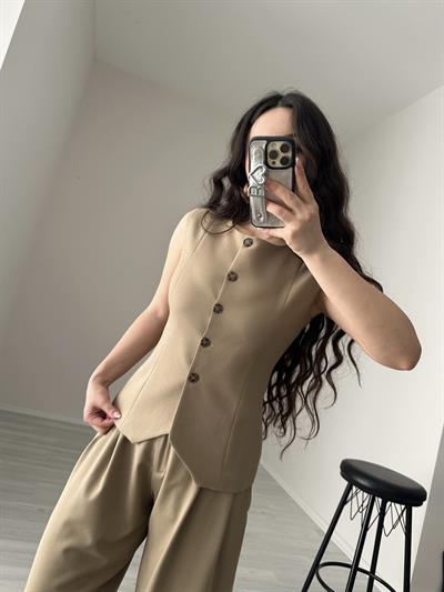 Premium Yelekli Pamuk/Keten Takım