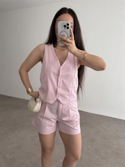 Premium Yelekli Şortlu Takım Pembe