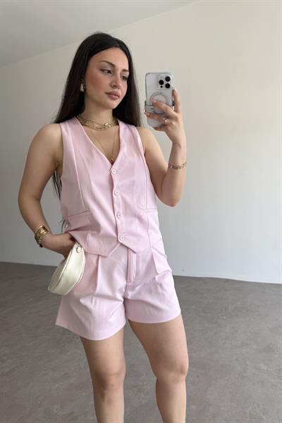 Premium Yelekli Şortlu Takım Pembe