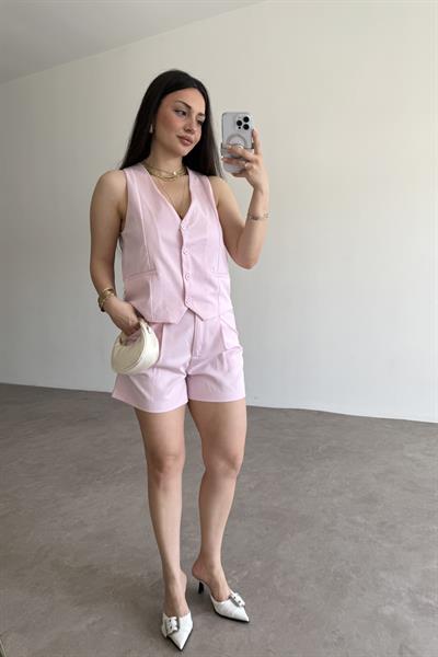 Premium Yelekli Şortlu Takım Pembe