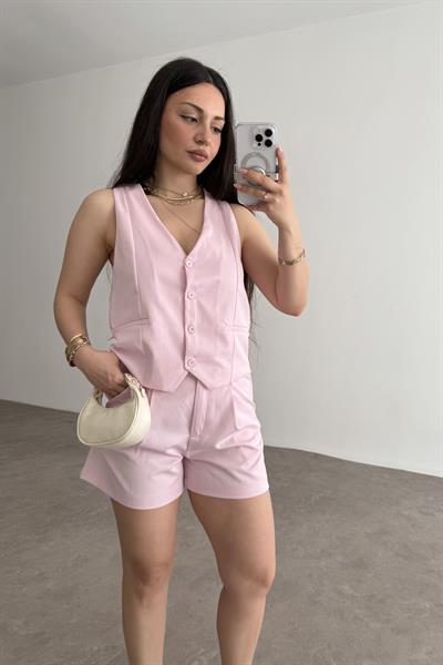 Premium Yelekli Şortlu Takım Pembe