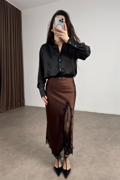 Premium Yırtmaçlı Dantelli Kahve Saten Etek 