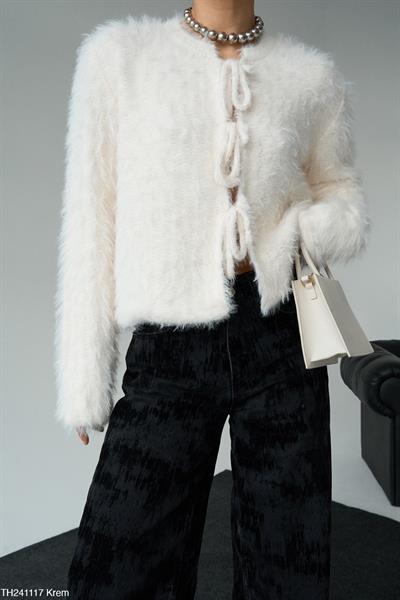 Premium Yumoş Bağlamalı Kürk Ekru Hırka