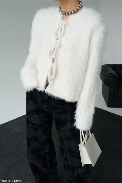 Premium Yumoş Bağlamalı Kürk Ekru Hırka