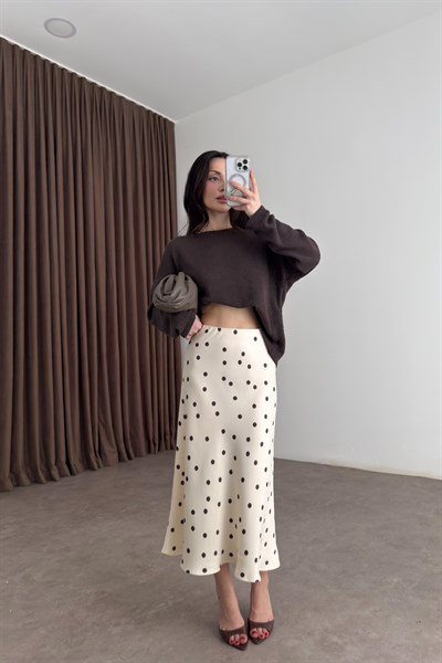 Puantiyeli Ekru Saten Midi Etek