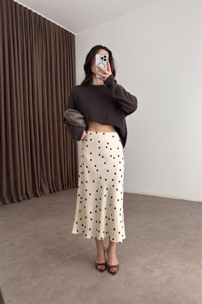 Puantiyeli Ekru Saten Midi Etek