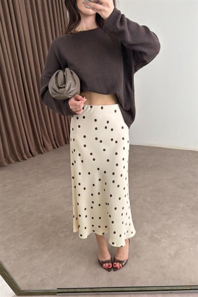 Puantiyeli Ekru Saten Midi Etek