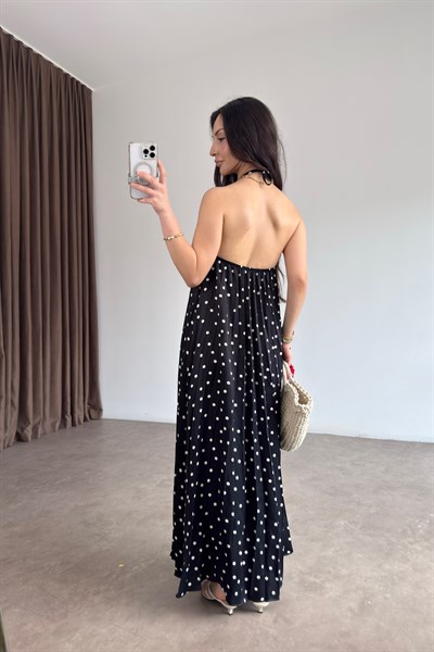 Puantiyeli Pileli Siyah Saten Midi Elbise