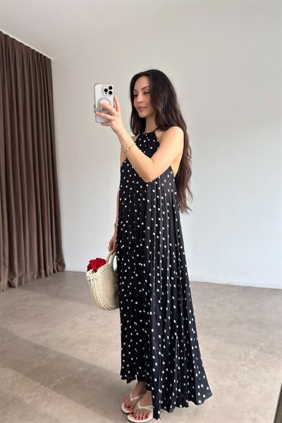 Puantiyeli Pileli Siyah Saten Midi Elbise