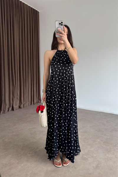 Puantiyeli Pileli Siyah Saten Midi Elbise