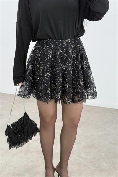 Pullu Çiçek Desenli Siyah Kloş Etek