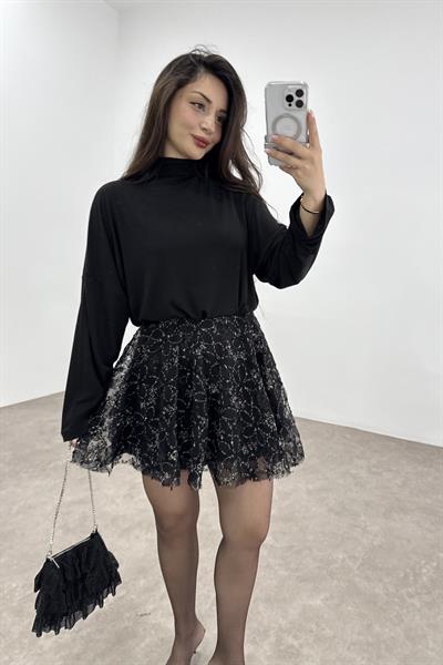 Pullu Çiçek Desenli Siyah Kloş Etek