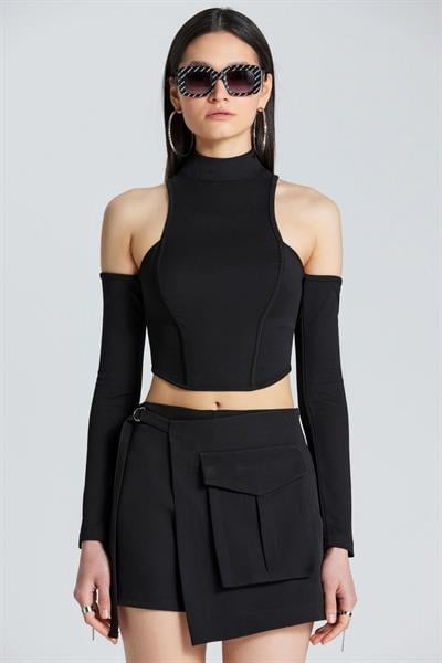 Punk Fermuarlı Dik Yaka Bluz