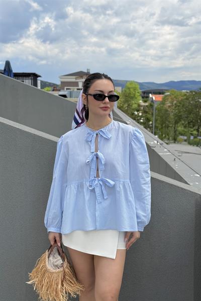 Ravi Bağlama Detaylı Premium Pastel Mavi Gömlek