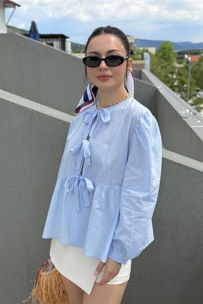 Ravi Bağlama Detaylı Premium Pastel Mavi Gömlek