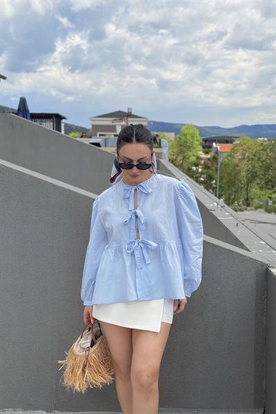 Ravi Bağlama Detaylı Premium Pastel Mavi Gömlek