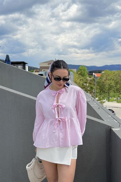 Ravi Bağlama Detaylı Premium Pastel Pembe Gömlek