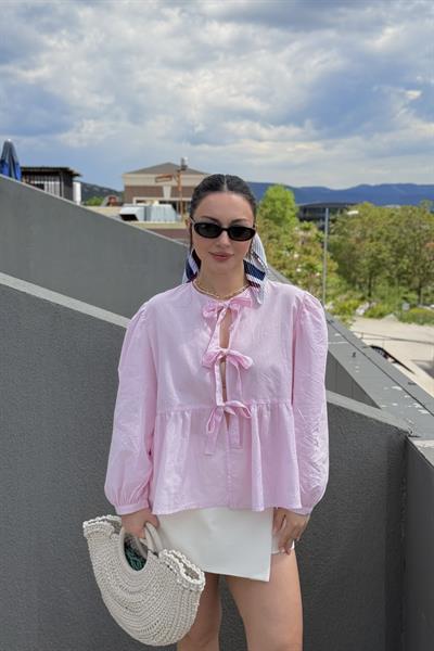 Ravi Bağlama Detaylı Premium Pastel Pembe Gömlek