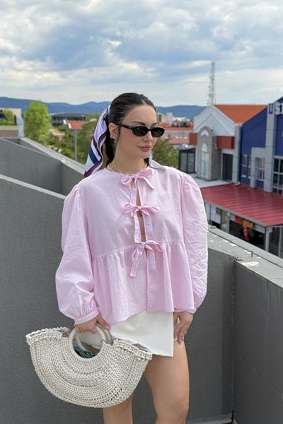 Ravi Bağlama Detaylı Premium Pastel Pembe Gömlek