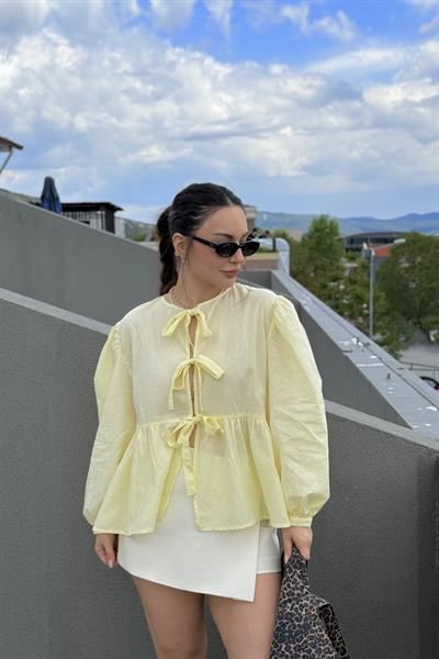 Ravi Bağlama Detaylı Premium Pastel Sarı Gömlek
