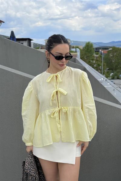Ravi Bağlama Detaylı Premium Pastel Sarı Gömlek
