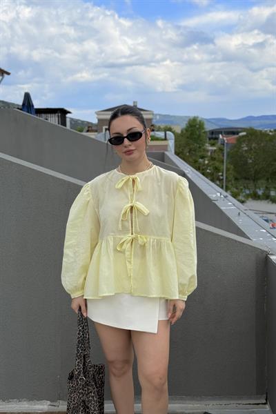 Ravi Bağlama Detaylı Premium Pastel Sarı Gömlek