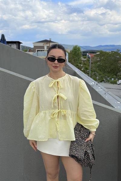 Ravi Bağlama Detaylı Premium Pastel Sarı Gömlek