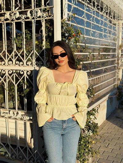Ravi Kare Yaka Büzgülü Bluz Butter Yellow