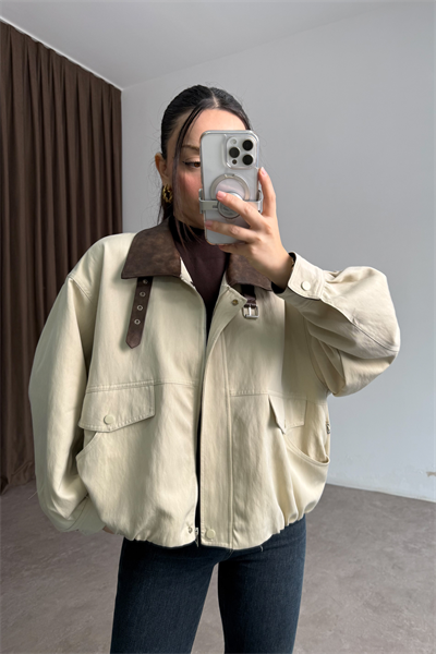 Robin İthal Premium Deri Detaylı Bej Bomber Ceket