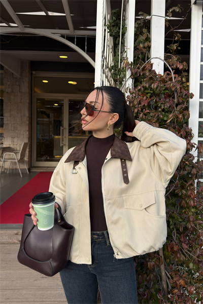 Robin İthal Premium Deri Detaylı Bej Bomber Ceket