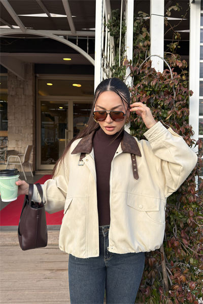 Robin İthal Premium Deri Detaylı Bej Bomber Ceket