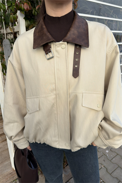 Robin İthal Premium Deri Detaylı Bej Bomber Ceket