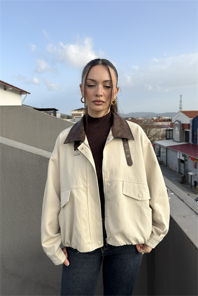 Robin İthal Premium Deri Detaylı Bej Bomber Ceket