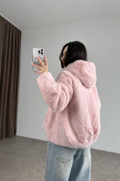 Robin Kapüşonlu İthal Kürk Pembe Mont 