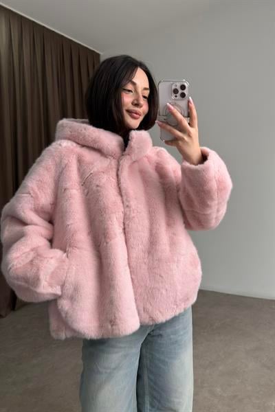 Robin Kapüşonlu İthal Kürk Pembe Mont 