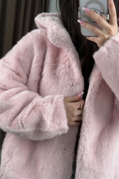 Robin Kapüşonlu İthal Kürk Pembe Mont 