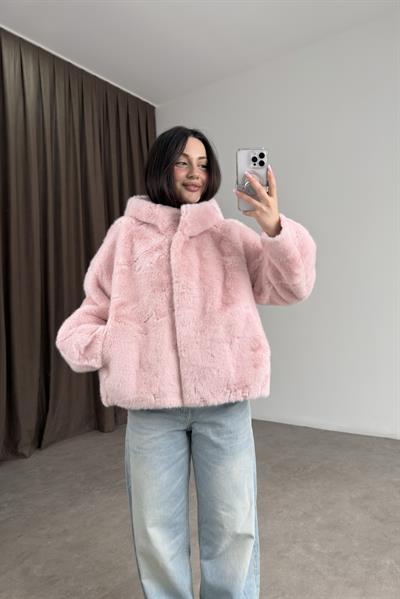Robin Kapüşonlu İthal Kürk Pembe Mont 
