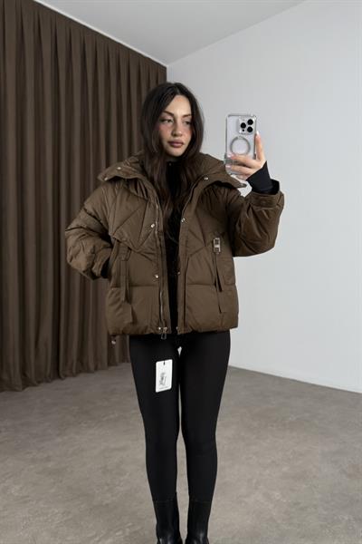 Robin Şişme Kapüşonlu Kahverengi Mont