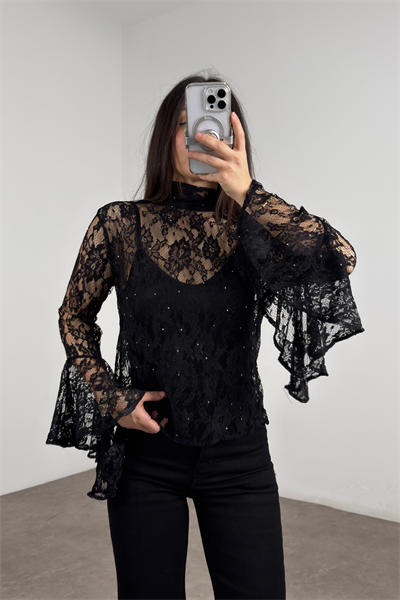 Romantik Kol Siyah Taşlı Dantel Bluz 