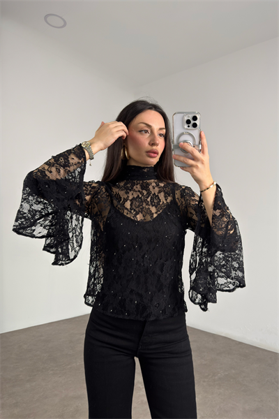 Romantik Kol Siyah Taşlı Dantel Bluz 