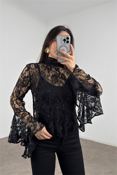 Romantik Kol Siyah Taşlı Dantel Bluz 