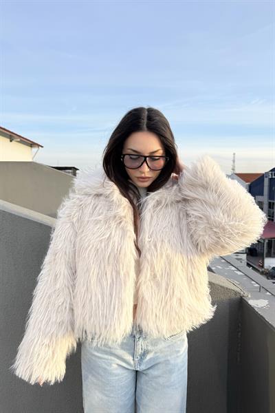 Saçaklı Yakalı Premium Ekru Kürk