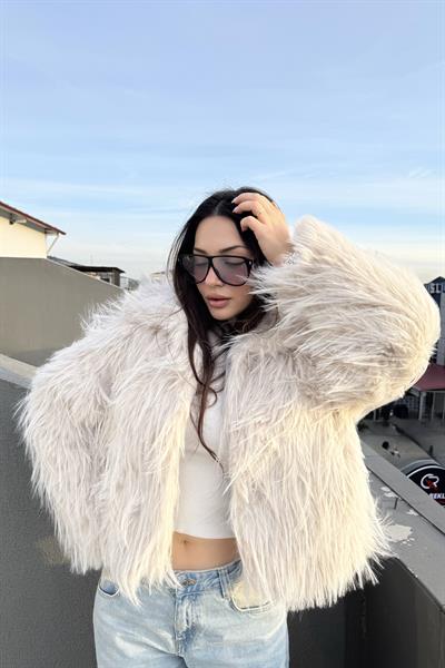 Saçaklı Yakalı Premium Ekru Kürk