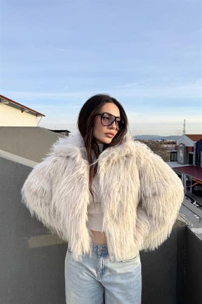 Saçaklı Yakalı Premium Ekru Kürk