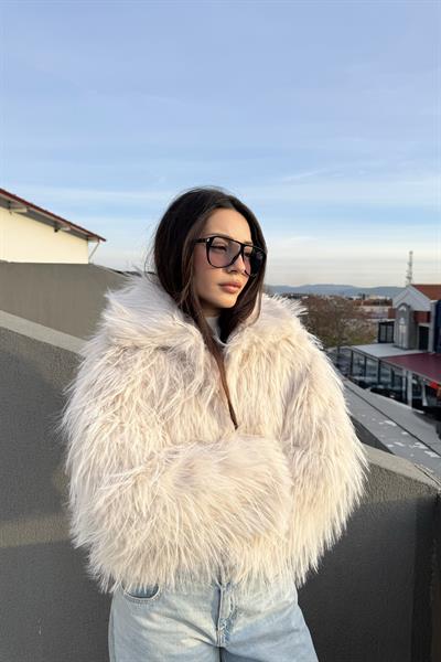 Saçaklı Yakalı Premium Ekru Kürk